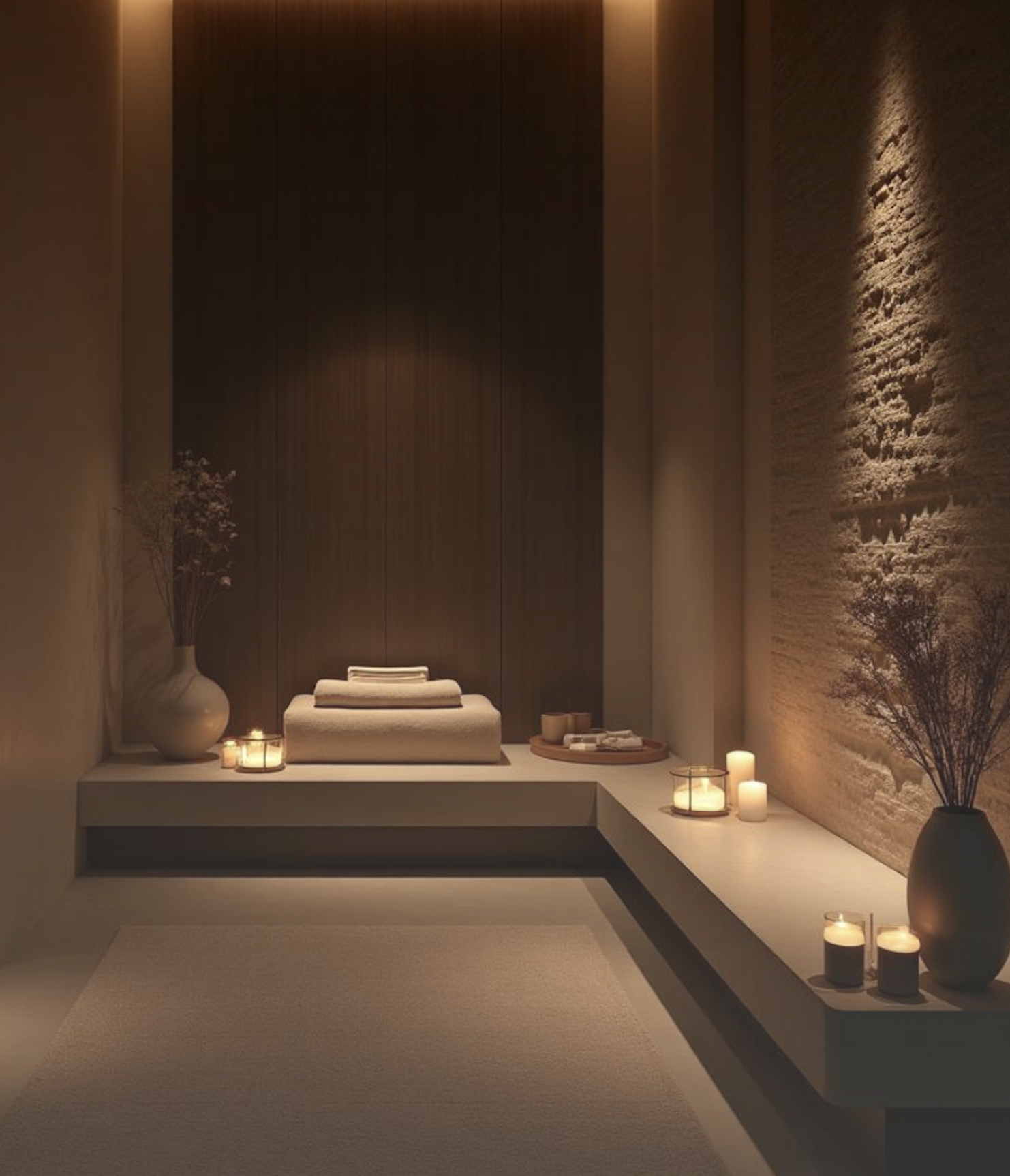 A softly lit spa treatment room with warm wood panelling and stone walls