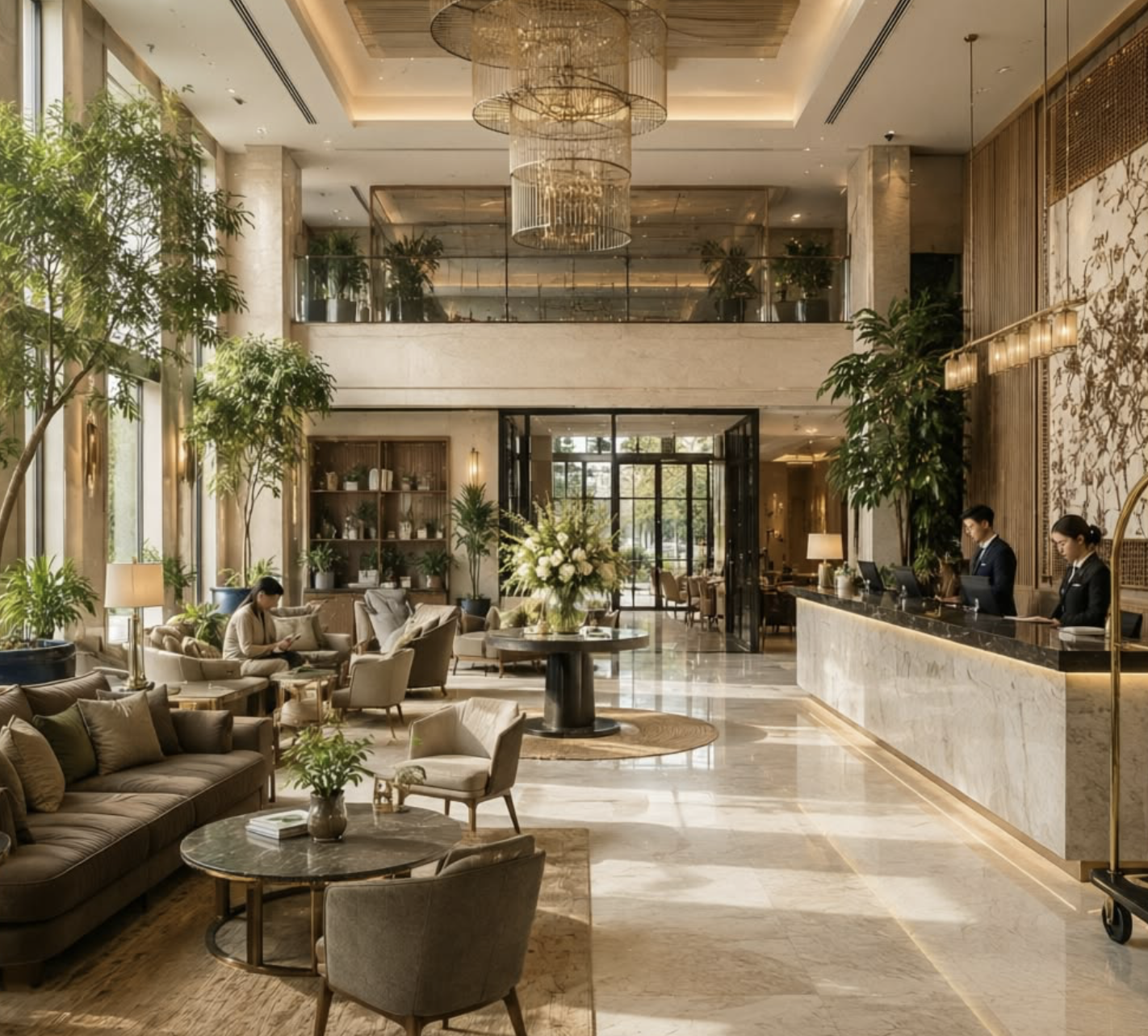 A bright hotel lobby with a marble reception desk, lounge seating and a gold chandelier