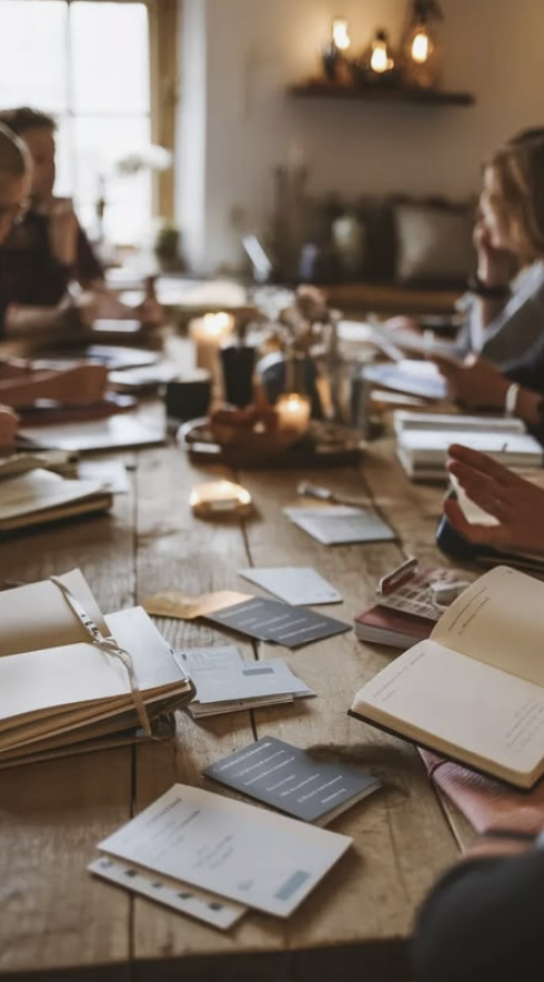 Open journals and notebooks on a wooden table with candlelight