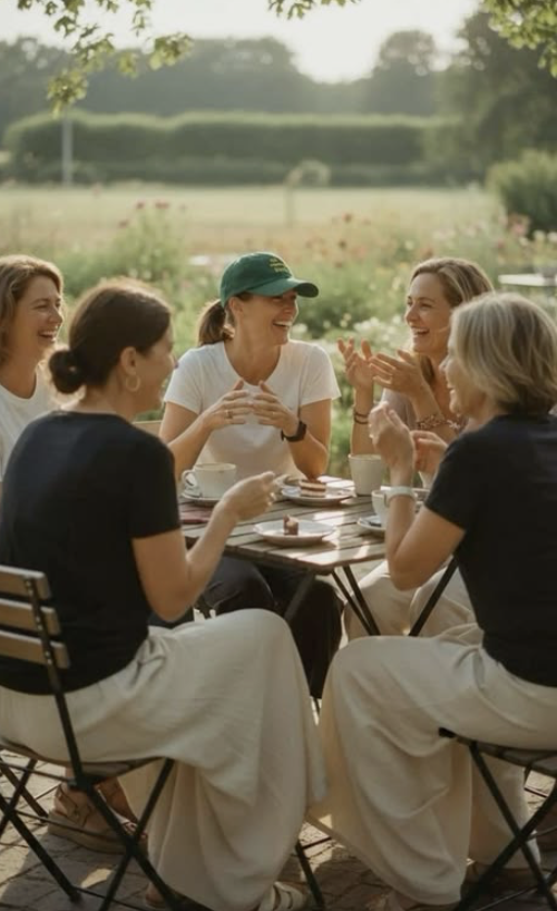 Friends chatting around an outdoor table with coffee in a sunlit garden