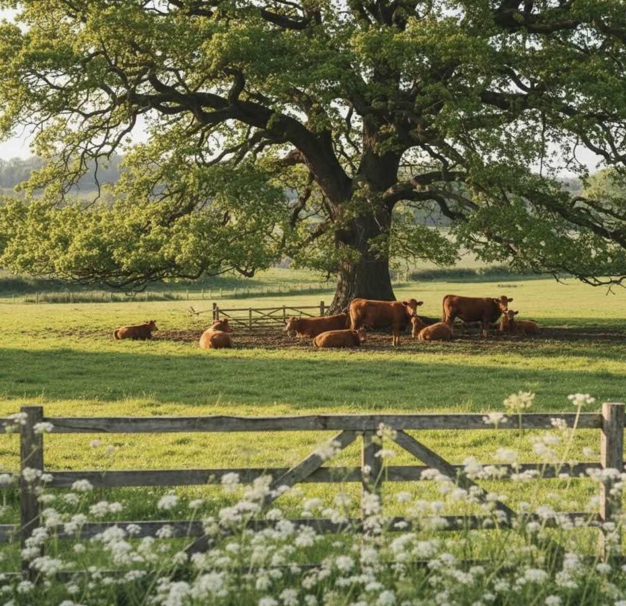 Cows resting under a large oak tree in a green field at golden hour