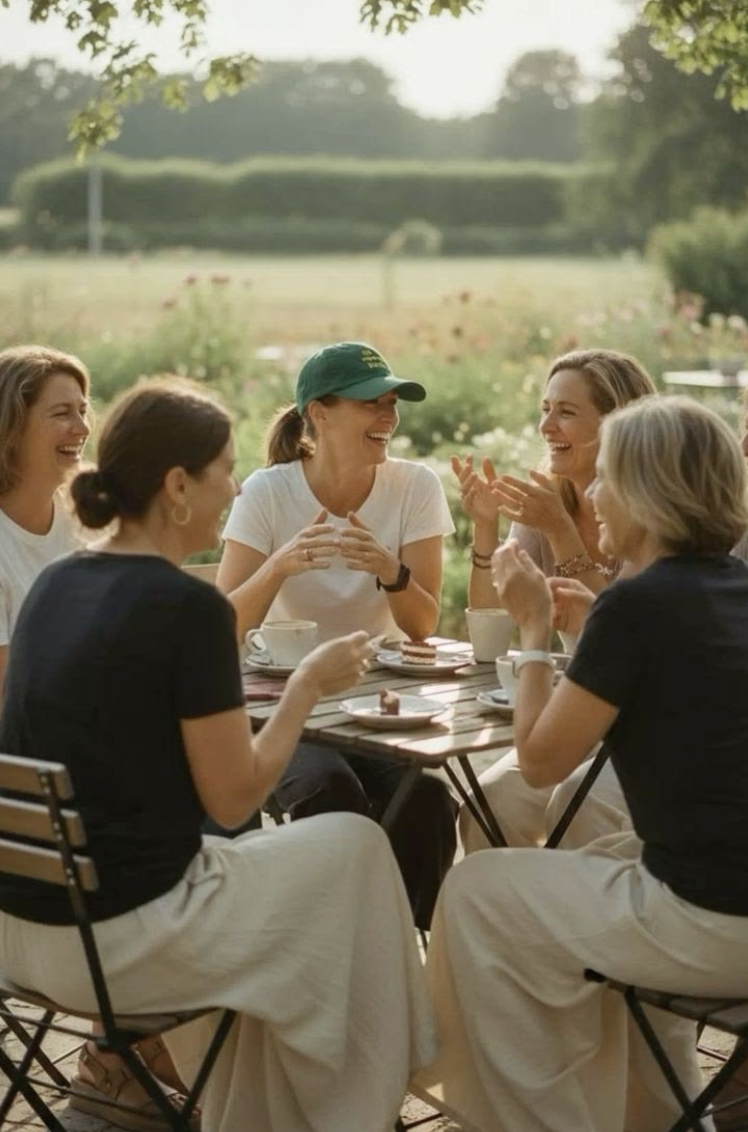 A group of women laughing together around a table with coffee in a sunlit garden