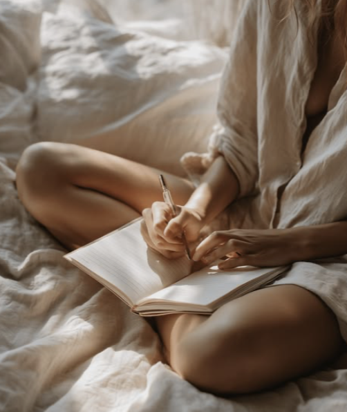 A person sitting cross-legged on a white bed, writing in a notebook in soft morning light